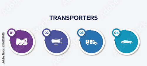 infographic element template with transporters filled icons such as windscreen, airship side view, ambulance side view, car side view vector.