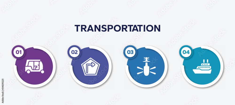 infographic element template with transportation filled icons such as tuc tuc, right, helicopter bottom view, cruise ship vector.