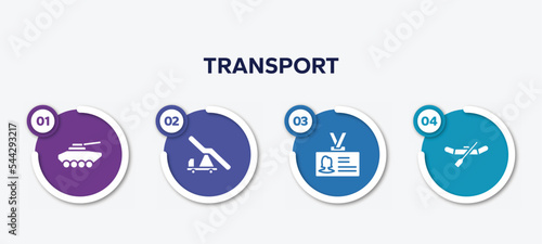 infographic element template with transport filled icons such as armored vehicle, aircraft stairs, identity card, watercraft vector.