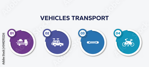 infographic element template with vehicles transport filled icons such as tow, travel baggage, damper, electric bike vector.