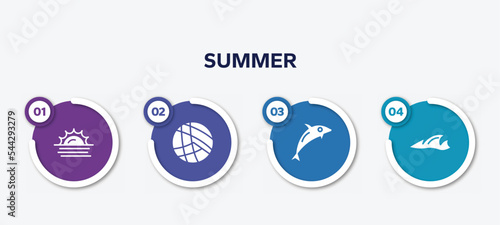 infographic element template with summer filled icons such as sun at sea, beach volleyball, dolphin on water waves, ocean vector.