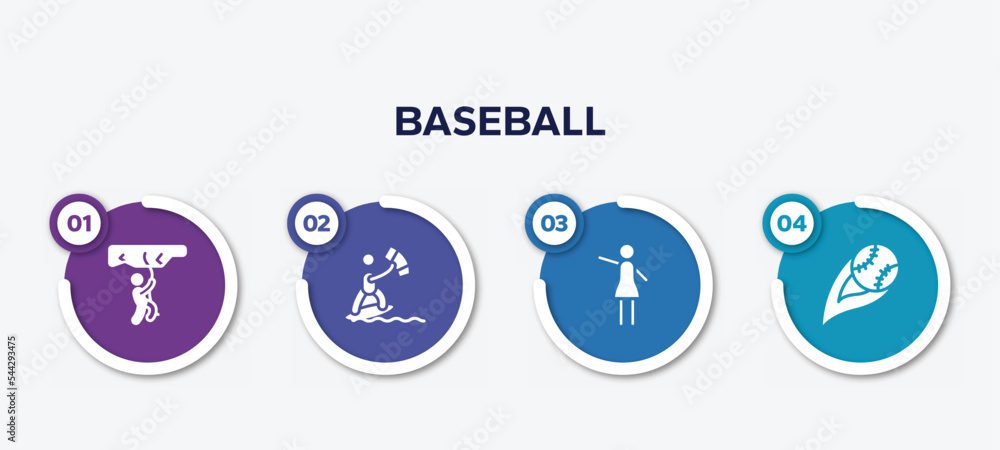 infographic element template with baseball filled icons such as rappel, kitesurfing, hostess, strike vector.