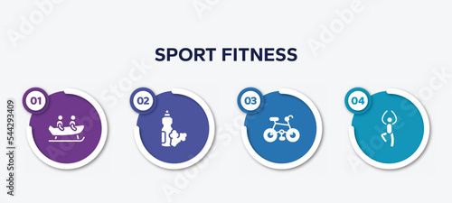 infographic element template with sport fitness filled icons such as bobsledding, food and drink, mountain bike, yoga pose vector.