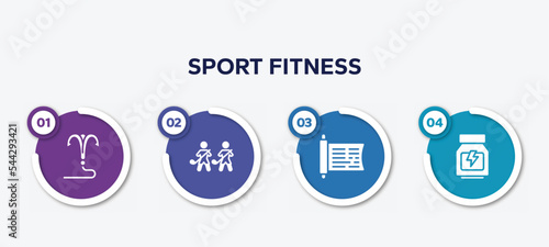 infographic element template with sport fitness filled icons such as grappling hook, home team, sacred scriptures, whey protein vector.