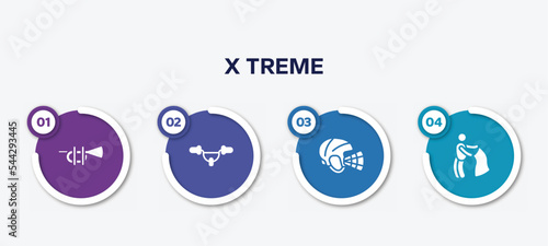 infographic element template with x treme filled icons such as ets, handlebar, hockey helmet, bullfight vector.