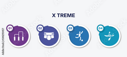 infographic element template with x treme filled icons such as gym bars, jockstrap, soccer game, kayaking vector.