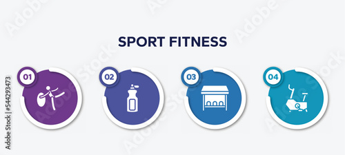 infographic element template with sport fitness filled icons such as rhythmic gymnastics, sport bottle, team bench, stationary bicycle vector.