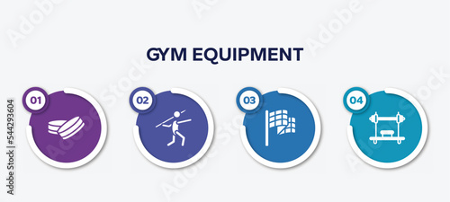 infographic element template with gym equipment filled icons such as hockey puck, javelin, victory lap, bench press vector.