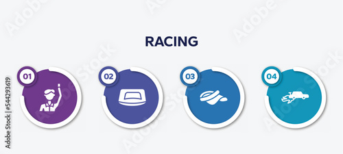 infographic element template with racing filled icons such as committee, push up, visor, autocross vector.