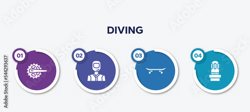 infographic element template with diving filled icons such as crank, drivers, longboard, led strobe vector.