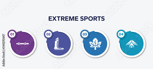 infographic element template with extreme sports filled icons such as diving belt, boxing shoe, m leaf, hang gliding vector.