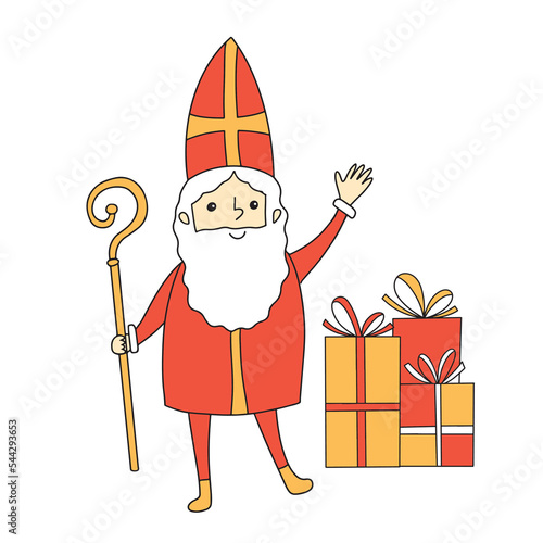 Saint Nicholas sketch doodle cute cartoon character Sinterklaas with presents, gift boxes pile vector illustration isolated on white background. contour line outline drawing of st Nick. photo