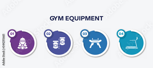 infographic element template with gym equipment filled icons such as horsewoman, parade lap, pommel horse, cardio vector.
