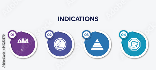 infographic element template with indications filled icons such as rain umbrella, upstairs, pyramidal structure, cafe bar vector.