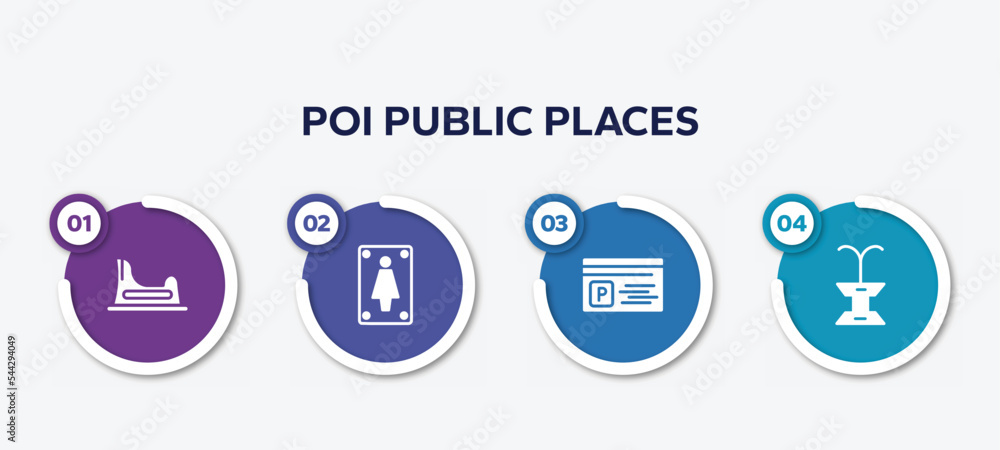 infographic element template with poi public places filled icons such as baby toilet, women toilet, parking card, public fountain vector.