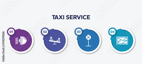 infographic element template with taxi service filled icons such as car light, children on teeter totter, no stopping, navigator vector.