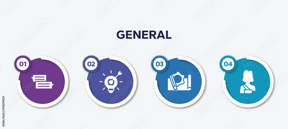 infographic element template with general filled icons such as text chat, marketing strategy, prototyping, shoulder immobilizer vector.