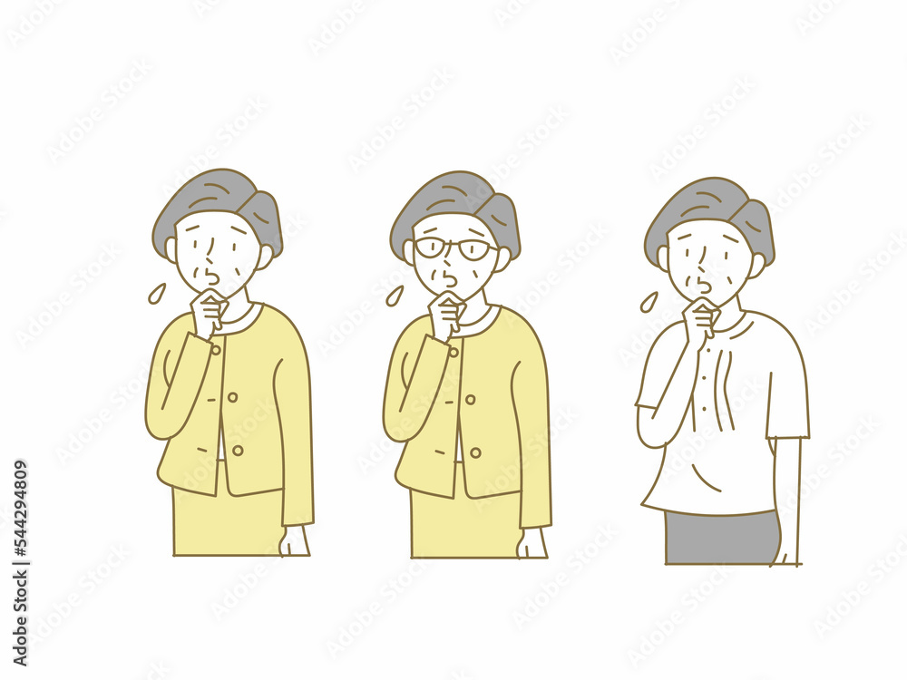 困っているシニア女性の上半身のイラストセット