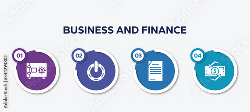 infographic element template with business and finance filled icons such as safe locker, power variant, content management, dollar exchange vector.