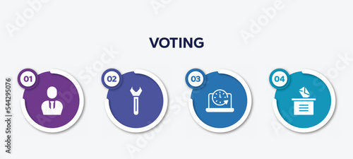 infographic element template with voting filled icons such as businessman with tie, key tool, circular clock, manual voting vector.
