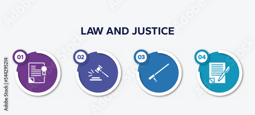 infographic element template with law and justice filled icons such as policy, case closed, baton, wills and trusts vector.