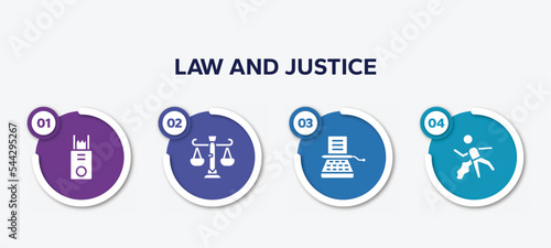 infographic element template with law and justice filled icons such as electroshock weapon, business law, stenographer, corpse vector.