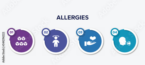 infographic element template with allergies filled icons such as sugar cube, dizzy, donator, sneeze vector.