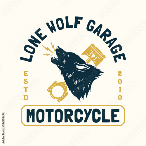 Hand Drawn Vintage style of wolf logo, Motorcycle and garage custom logo badge