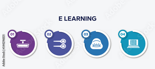 infographic element template with e learning filled icons such as rearview mirror, badminton, beanbag, e-learning vector.
