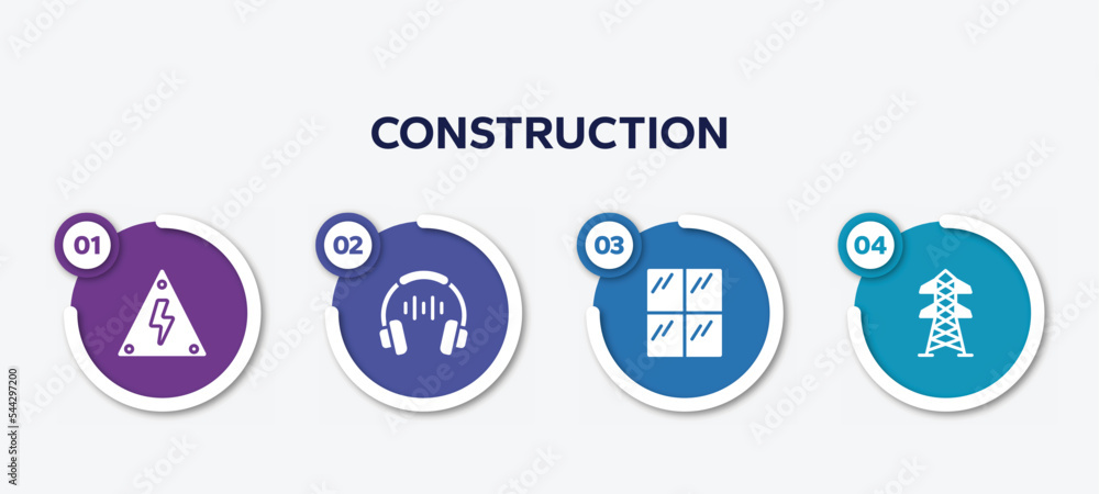 infographic element template with construction filled icons such as high voltage, high noise, glass wall, pole vector.