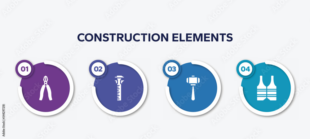 infographic element template with construction elements filled icons such as big pliers, sliding scale, big hammer, reflective vest vector.