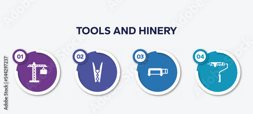 infographic element template with tools and hinery filled icons such as tall crain, clothespin, hacksaw with handle, brush for painting vector.