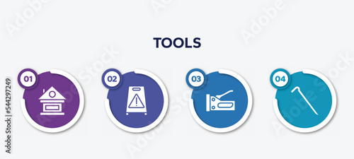 infographic element template with tools filled icons such as lodge, wet floor, big stapler, crowbar vector.