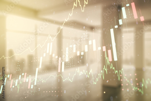 Wallpaper Mural Multi exposure of virtual abstract financial graph interface on modern interior background, financial and trading concept Torontodigital.ca