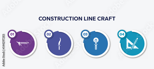 infographic element template with construction line craft filled icons such as sealant, kirpan, knife for pizza, ruler and pencil vector.