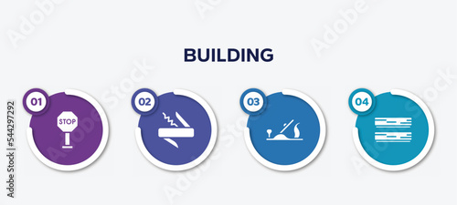 infographic element template with building filled icons such as stopping, jackknife, plane controls, boards vector.