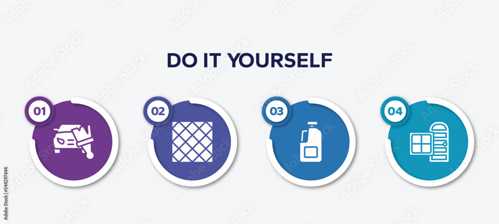 infographic element template with do it yourself filled icons such as car painting, tile, gallon oil, door and window vector. infographic element template with do it yourself filled icons such as car painting, tile, gallon oil, door and window vector.