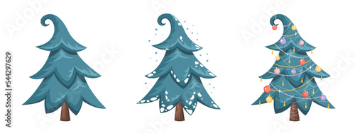 Fir trees group. Spruce covered with snow. Xmas tree ornamented balls and garlands.