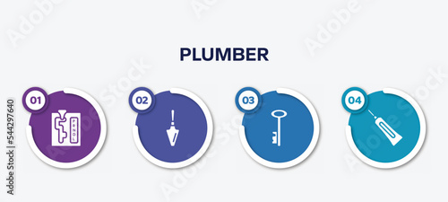 infographic element template with plumber filled icons such as automatic transmission, garden palette, antique key, caulk vector.