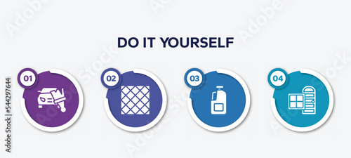 infographic element template with do it yourself filled icons such as car painting, tile, gallon oil, door and window vector.