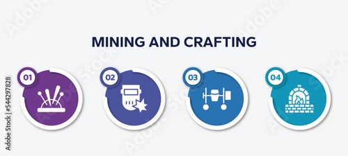 infographic element template with mining and crafting filled icons such as needle holder, weld, cement mixer, kiln vector.