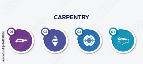 infographic element template with carpentry filled icons such as fretsaw, plumb bob, extractor, polisher vector.