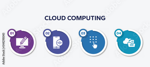 infographic element template with cloud computing filled icons such as screen with pencil, phone assistant, entering password, files folder on cloud vector.