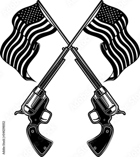Illustration of crossed revolvers with american flag. Design element for logo, label, design. Vector illustration