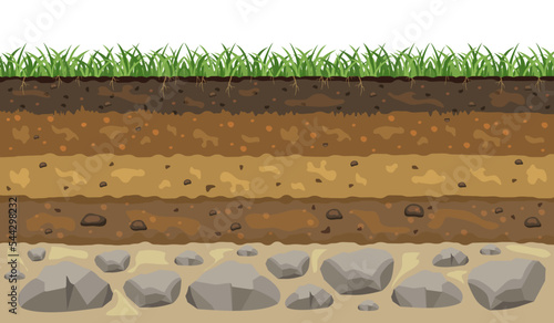 Soil layers. Cross section of the earth crust. Vector illustration of a landscape in section.