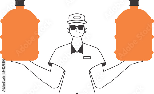 Water delivery concept. A man with a large bottle of water in his hands. Linear trendy style.