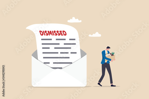 Layoff email sending to employee to inform job dismissed or fired, end career or staff layoff due to economic recession concept, unemployed businessman walk away from dismissed email with his stuff.