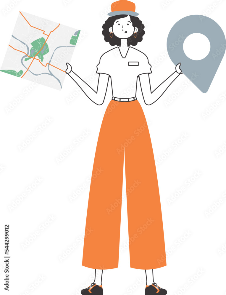 A woman with a map in her hands. Delivery concept. Linear style. Isolated, vector illustration.