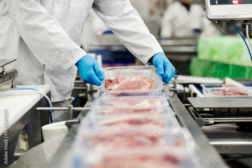 Hands of a meat factory worker gathering packed meat on a conveyor belt.