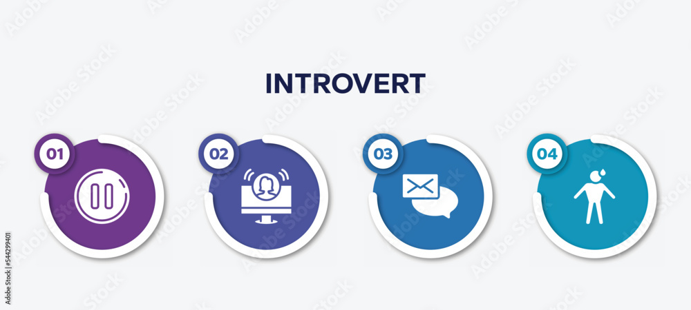 infographic element template with introvert filled icons such as pause button, teleconference, emails, shy vector.